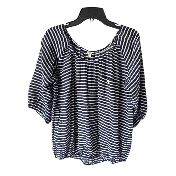 J Crew Sheeer Blouse  Medium Women Navy Blue White Striped Cotton See Thru - Picture 2 of 13